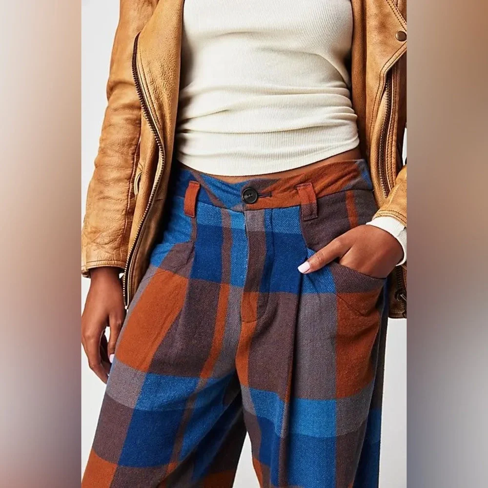 NWOT Free People Cass Plaid Slouch Indigo Combo Tapered Trousers Sz 6, 8